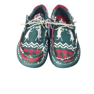 Hey Dude Wally Holiday Cheers Green Multi Snowflake Plaid Slip On Shoes Mens M11